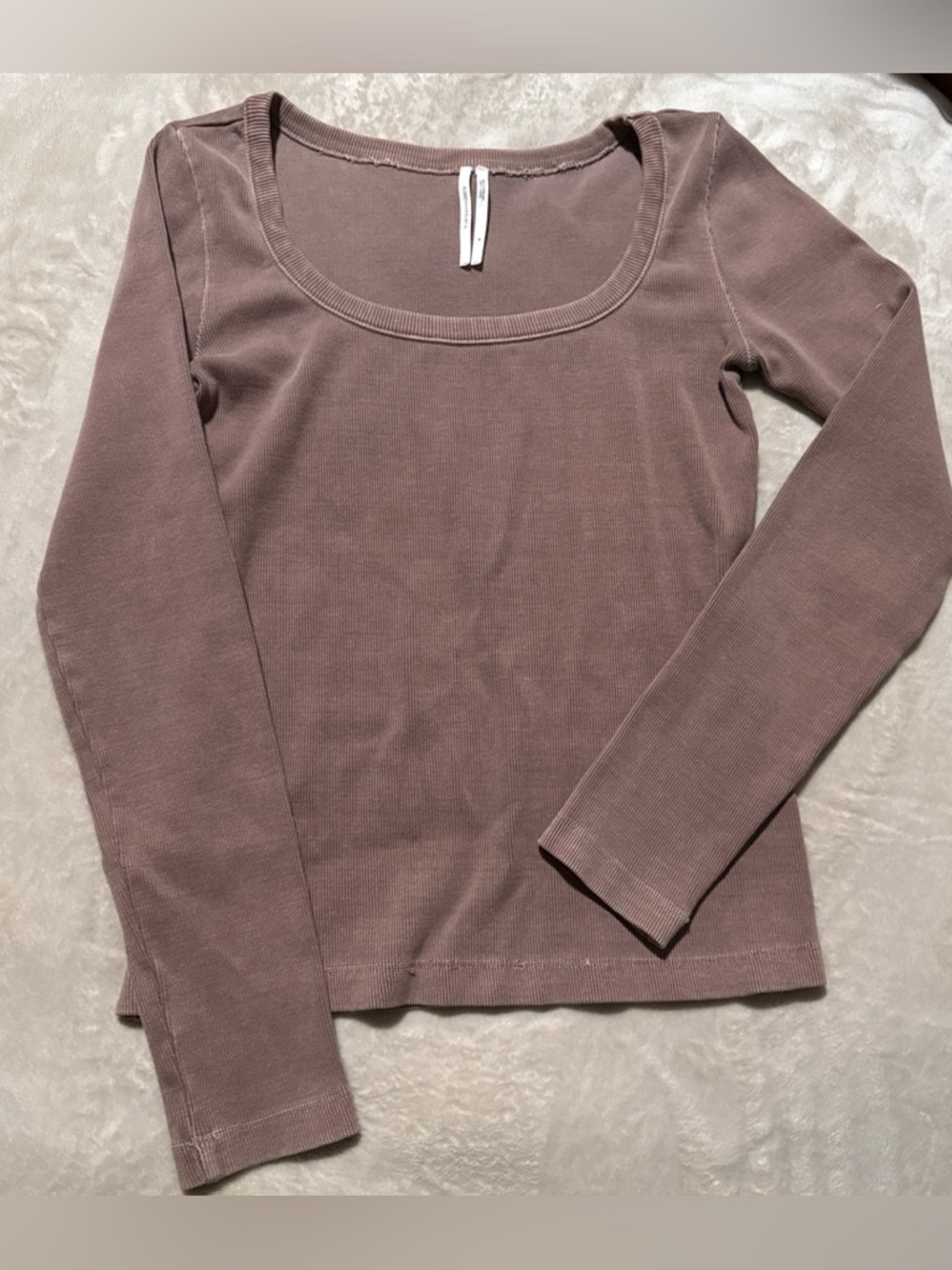 Anthropologie Ribbed Long-Sleeve Scoop Neck Top - Mauve Taupe